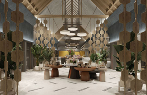 The image shows a stylish JW Marriott hotel lobby with a modern design featuring geometric wood partitions, elegant hanging lights, and lush greenery..jpg