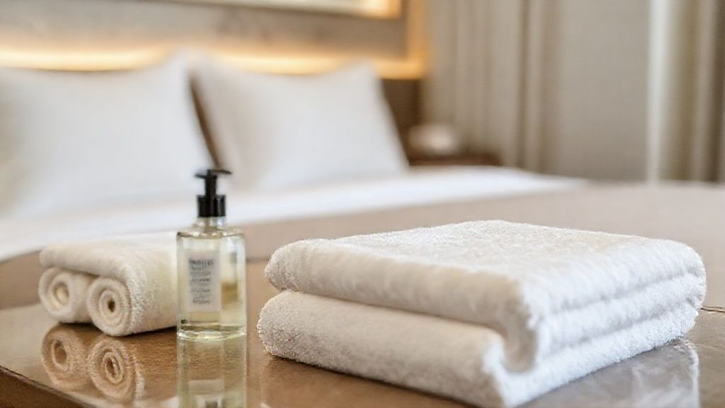 Pillows, towels, body wash and other items are placed on the store table