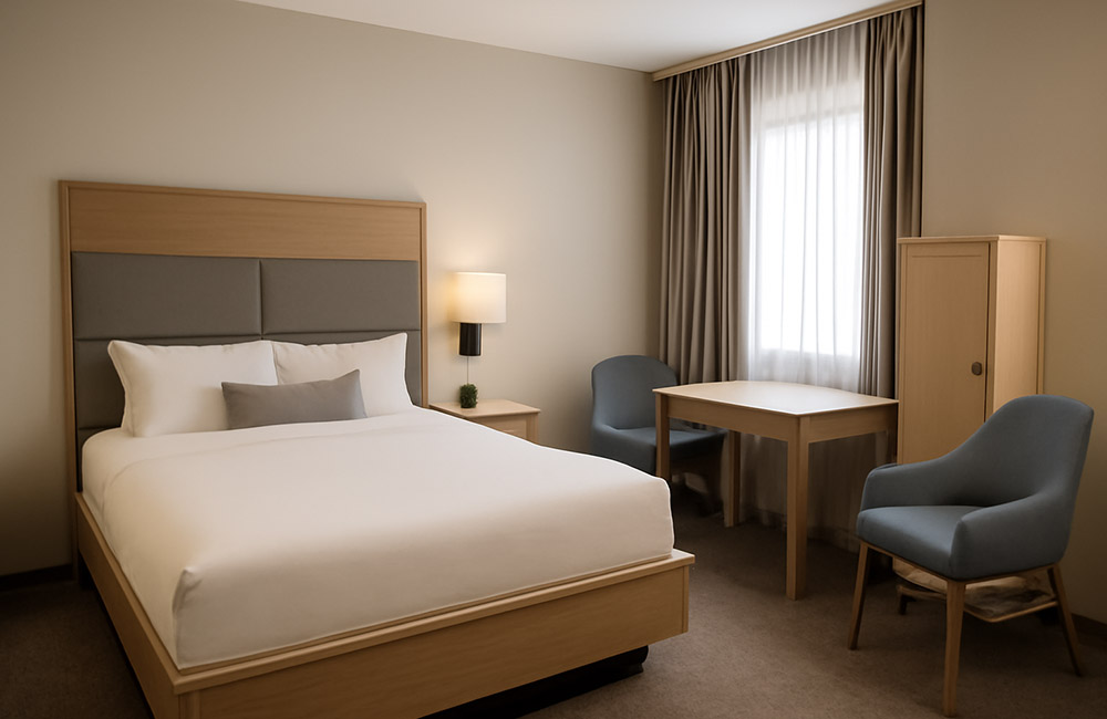 hotel room with durable contract-grade furniture