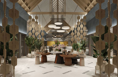 The image shows a stylish JW Marriott hotel lobby with a modern design featuring geometric wood partitions, elegant hanging lights, and lush greenery..jpg