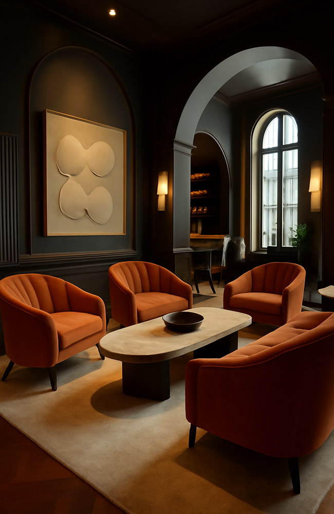 A chic boutique hotel lounge area