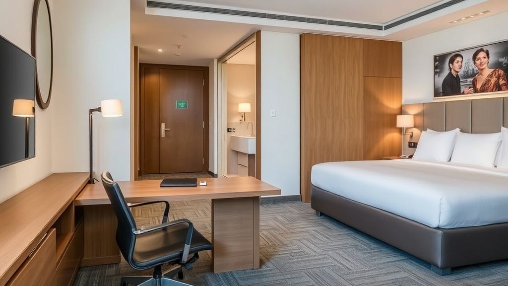 modern hotel guest room with smart furniture