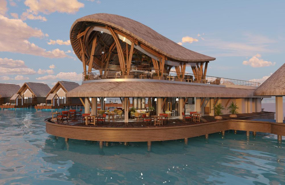 Aerial and ground-level view of a tropical JW Marriott Maldives resort, beachfront villas with bespoke outdoor furniture, turquoise ocean, wooden decks, elegant resor