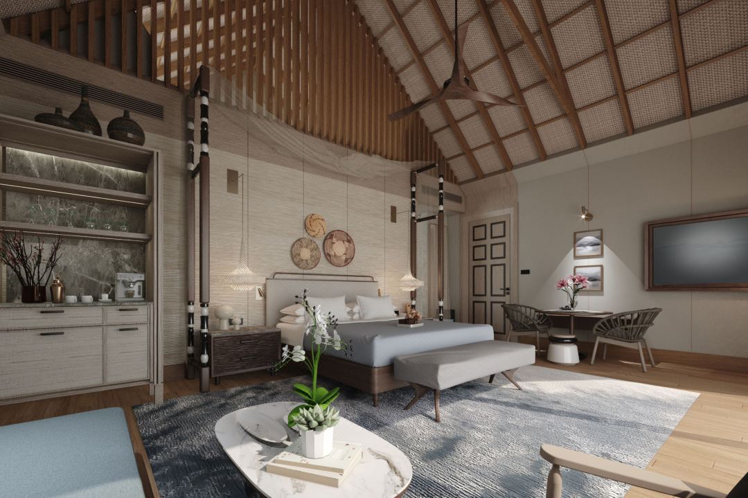 The image depicts a serene JW Marriott hotel bedroom with a blend of modern and traditional elements, featuring a cozy bed, a wooden ceiling, and elegant furnishings.