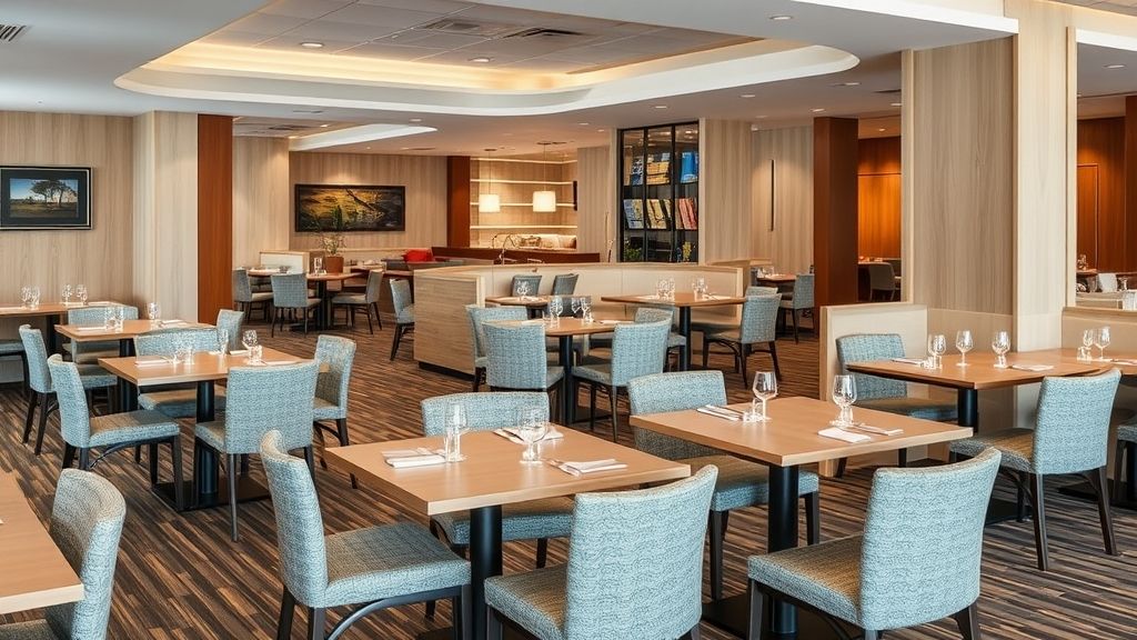 hotel restaurant with modular furniture, showcasing durable tables and chairs