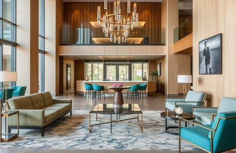 hotel lobby with modern, sustainable furniture incorporating recycled materials like metal and glass.jpg