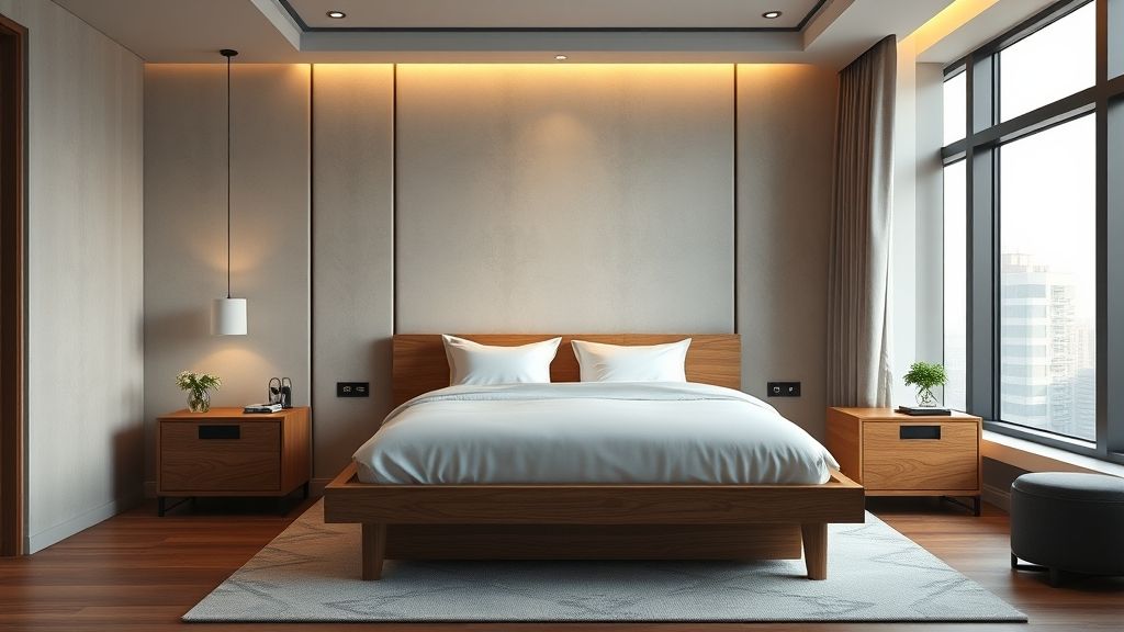 luxury hotel guest room with custom-made wooden bed frame