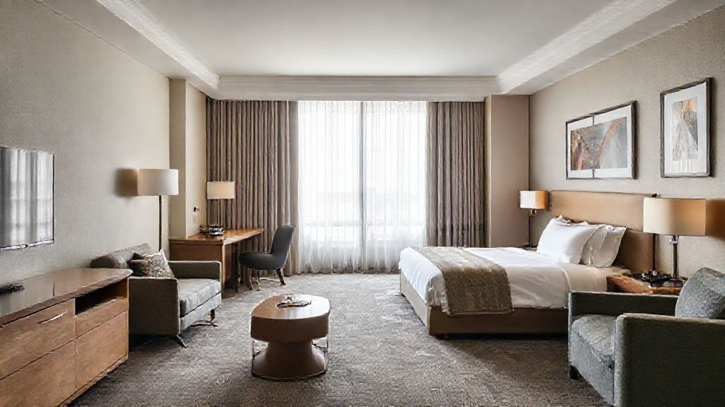 Hotel guestroom furniture setup for Hilton hotel, contract-grade furniture, clean layout, daylight interior