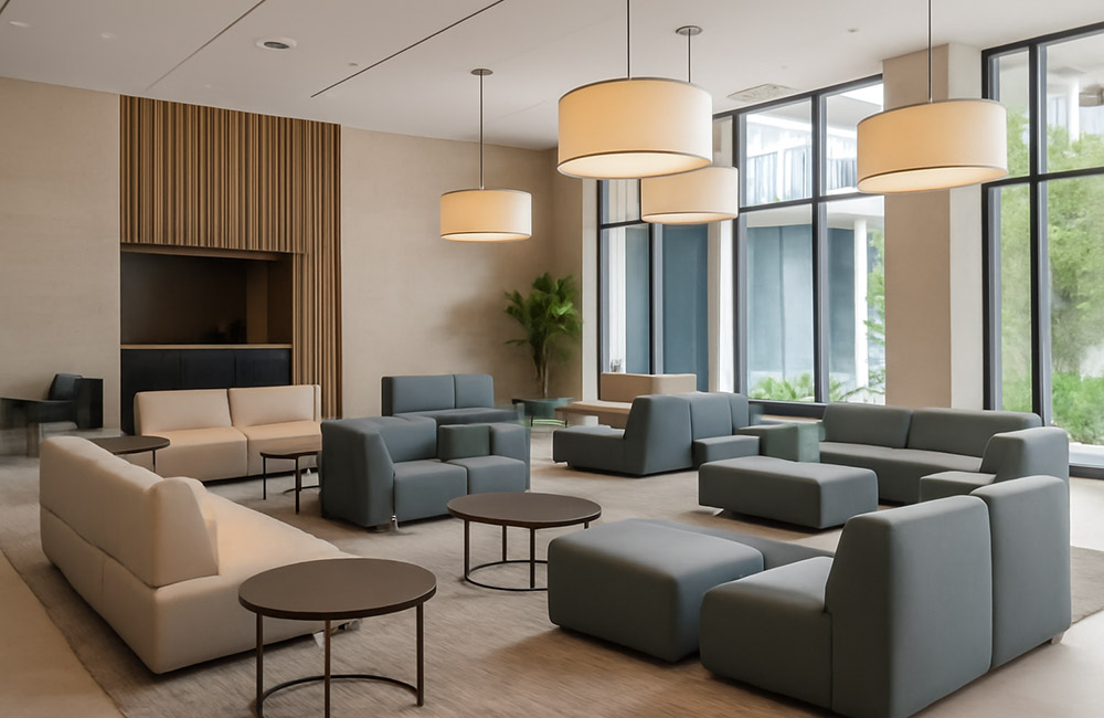 modern hotel lounge area featuring contract grade modular furniture
