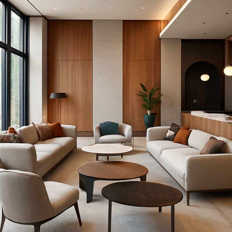 modern hotel lobby with luxury contract-grade furniture