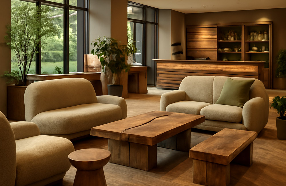 A cozy hotel lobby with eco-friendly custom-made seating and tables
