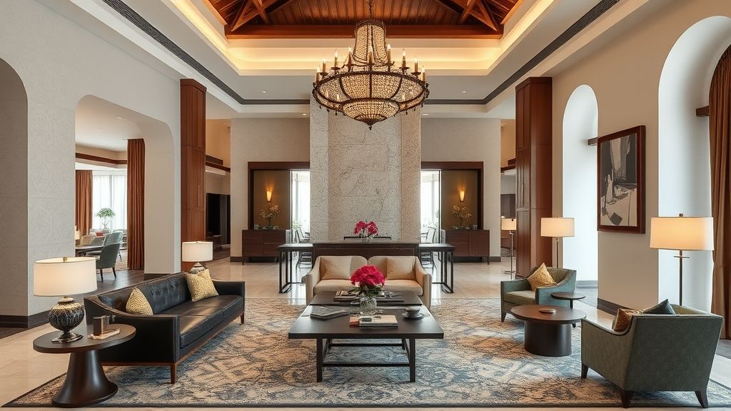 hotel lobby with a blend of traditional Turkish craftsmanship and modern furniture