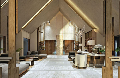 luxurious hotel lobby featuring high vaulted ceilings, elegant wooden accents, and modern furnishings bathed in natural light.jpg