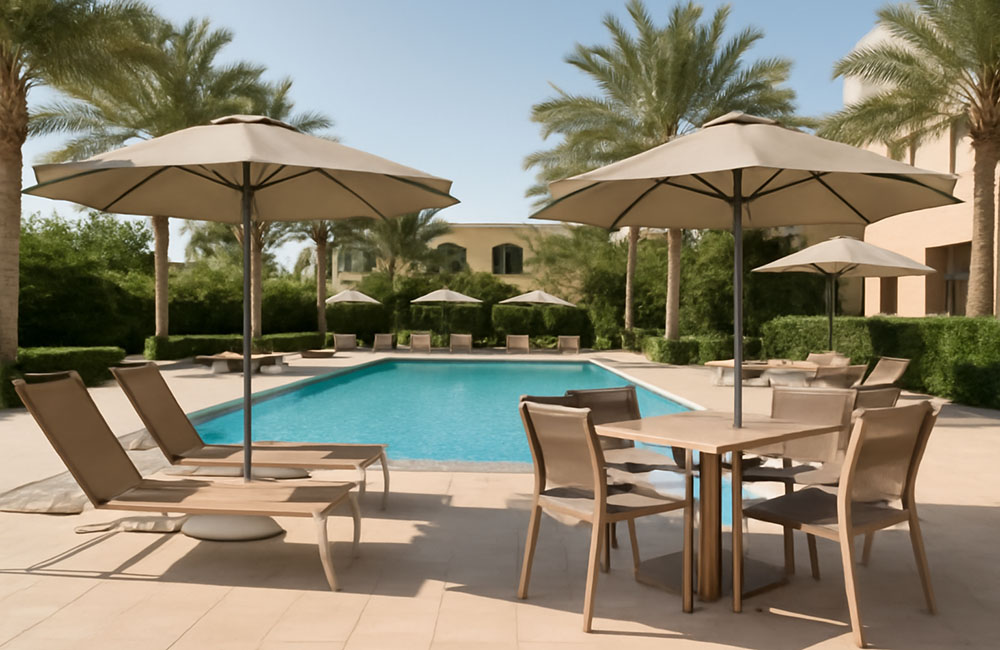 outdoor pool area with durable stylish hotel furniture