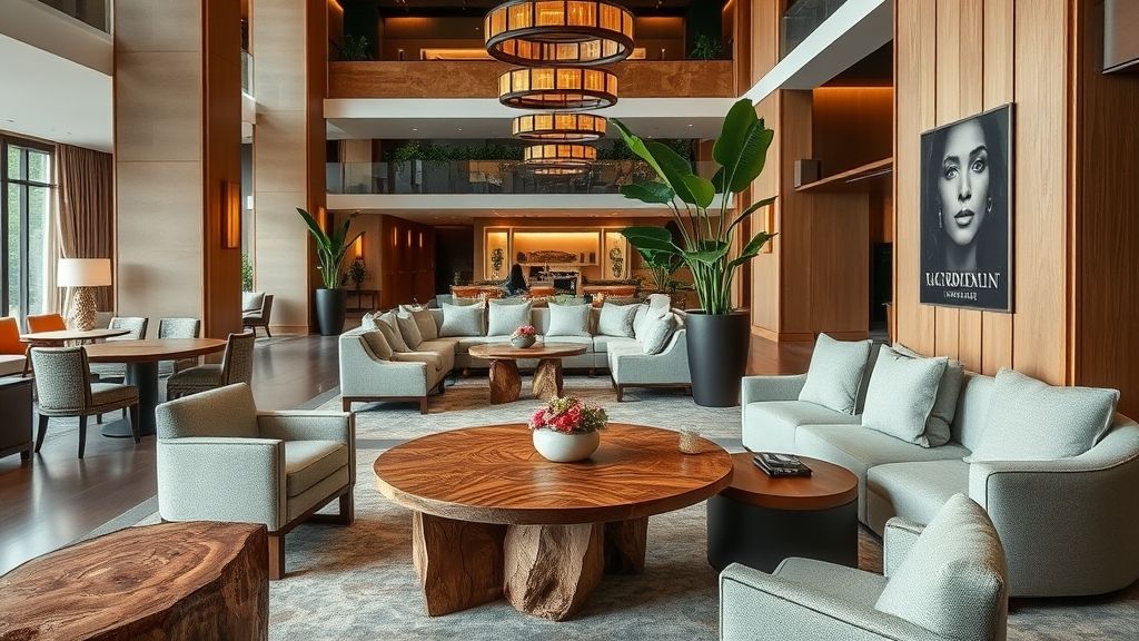 An upscale hotel lobby with bespoke sustainable furniture
