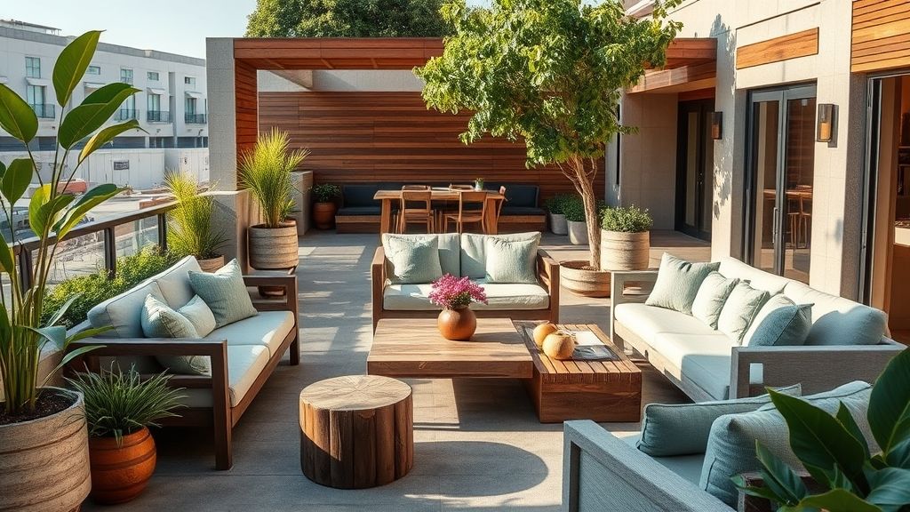 A stylish outdoor hotel terrace with eco-friendly furniture