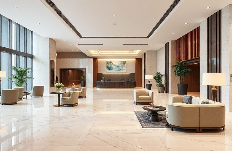 Luxury hotel lobby with modern reception furniture, neutral tones, marble floor, soft lighting, professional architectural photography style