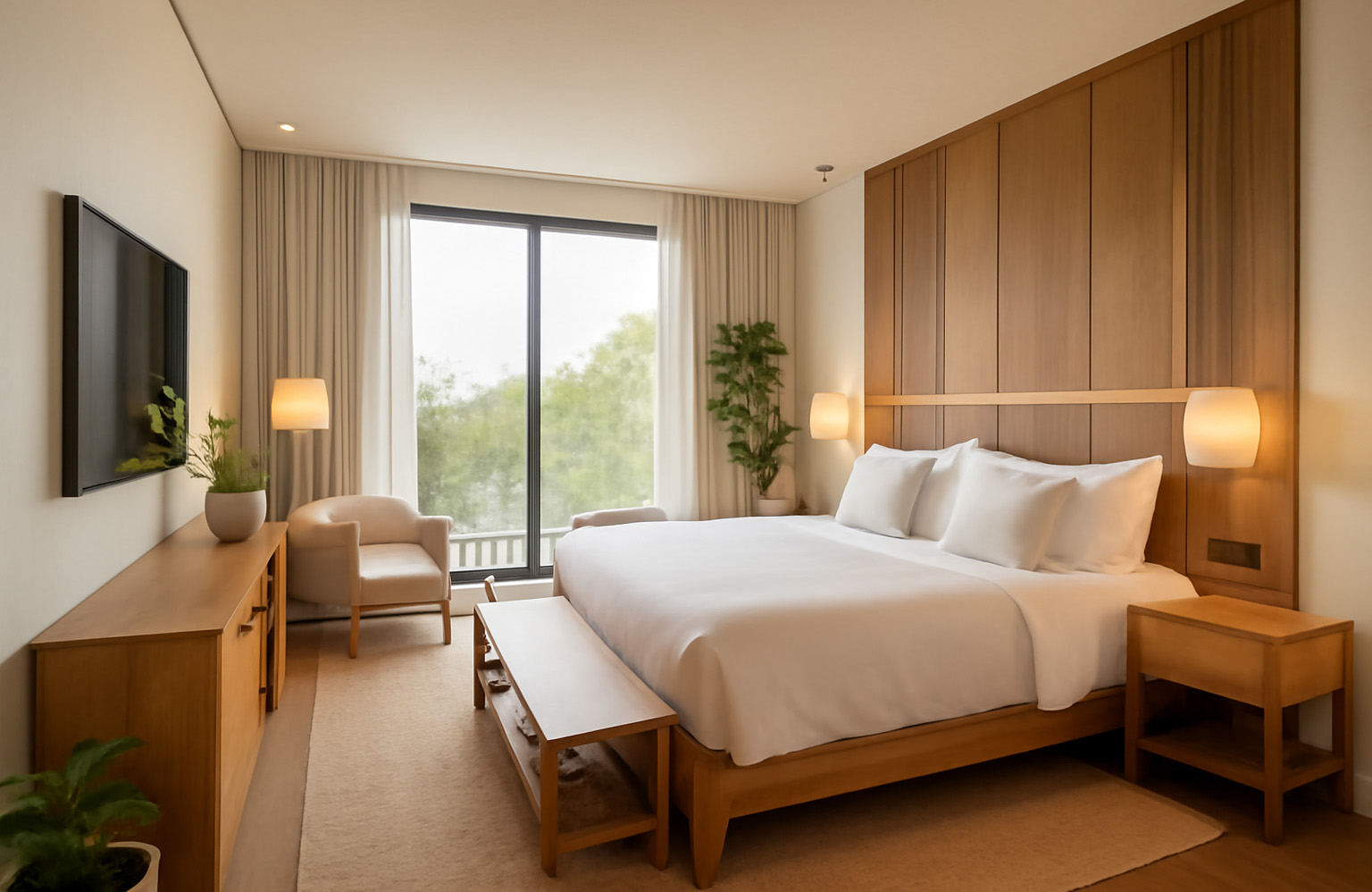 Nachhaltiges Material Hotelzimmer mit umweltfreundlichen Möbeln