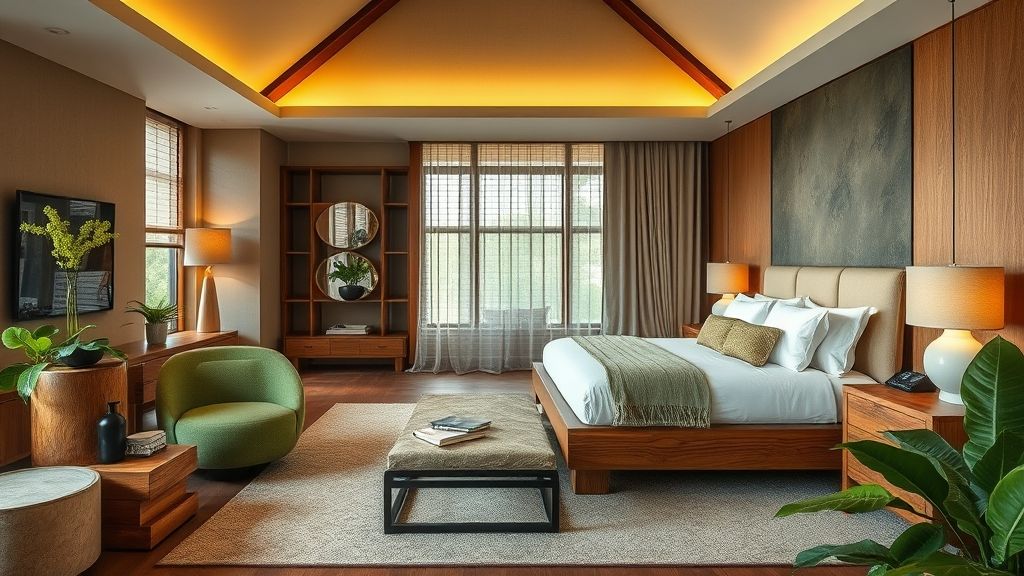 A luxury hotel suite with eco-friendly furniture