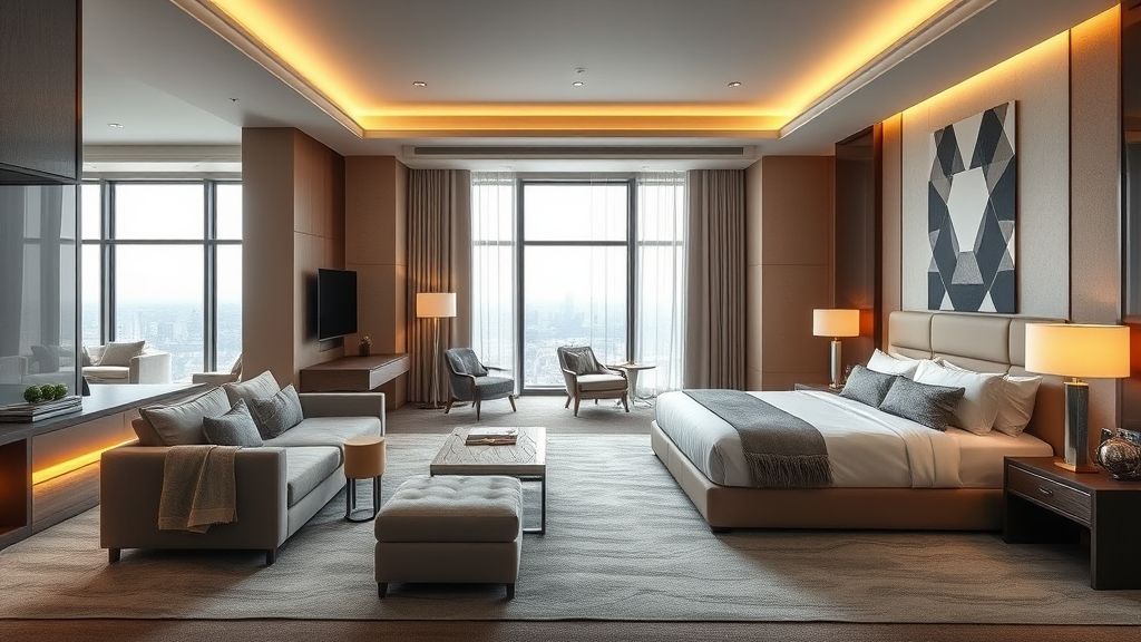 luxury hotel suite featuring modular furniture with customized storage solutions
