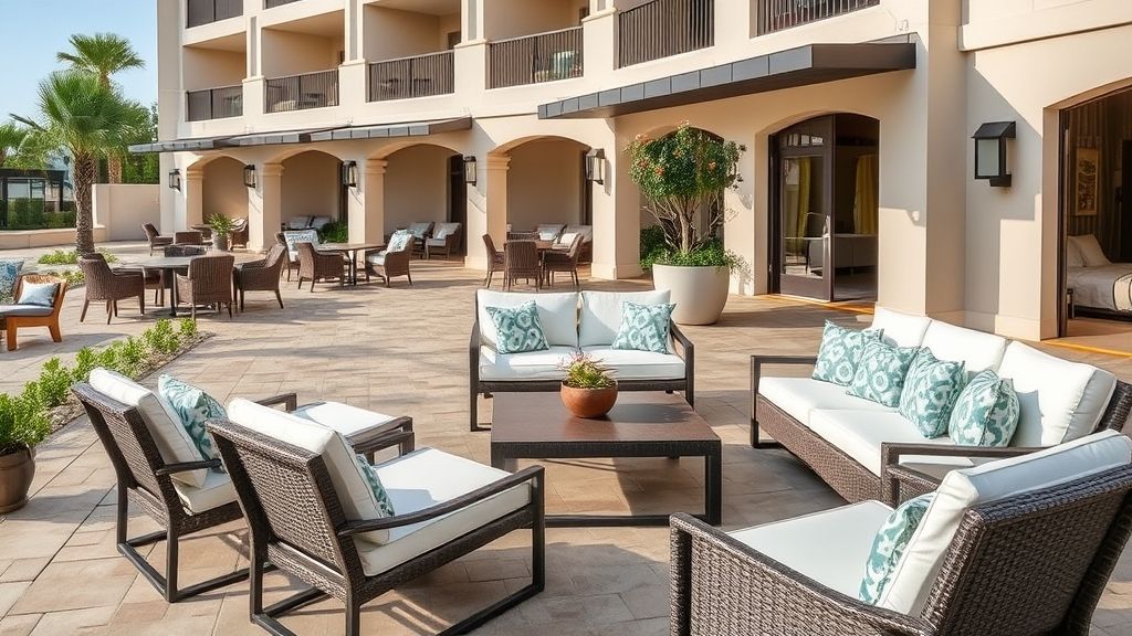 hotel outdoor patio with weather-resistant custom furniture