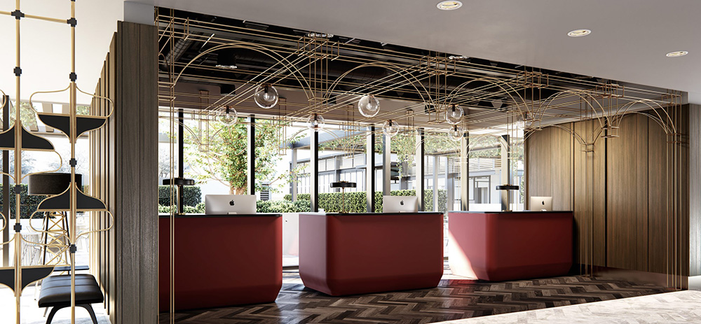 Modern hotel lobby with custom reception furniture and interior finishes