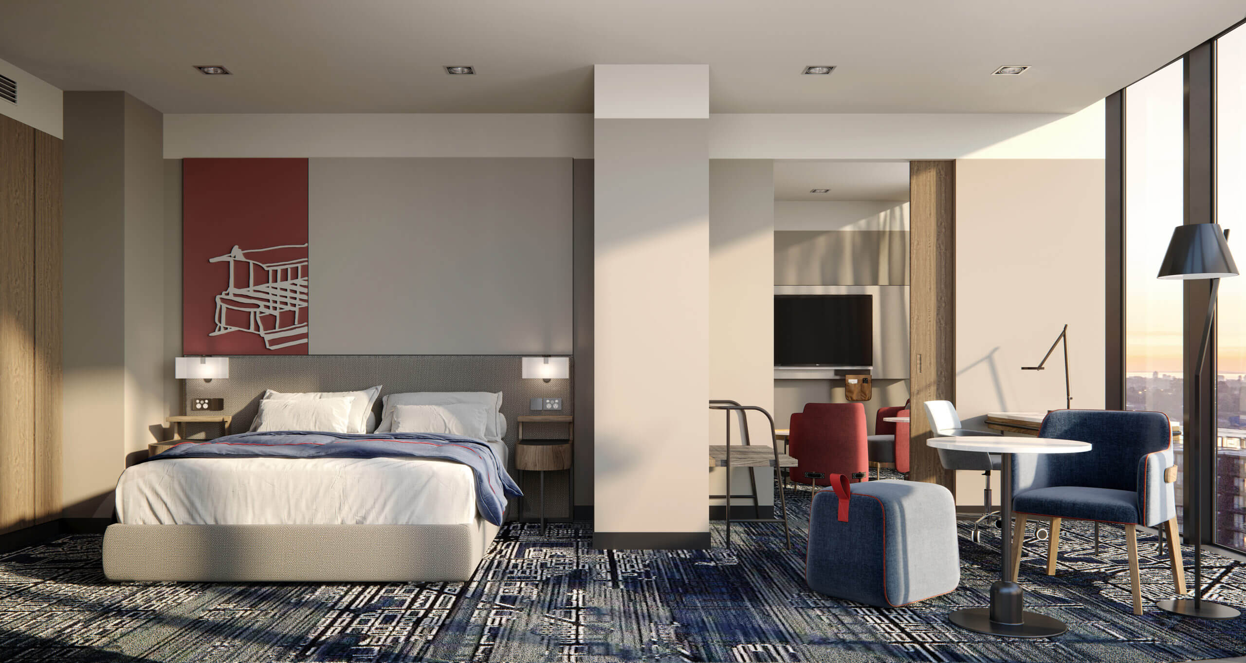 Completed guestroom furniture with bed and lounge area