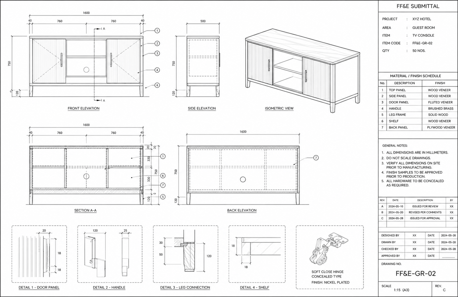 ホテル家具の製造工場図面FF&Eの寸法と構造の詳細を記載した提出物