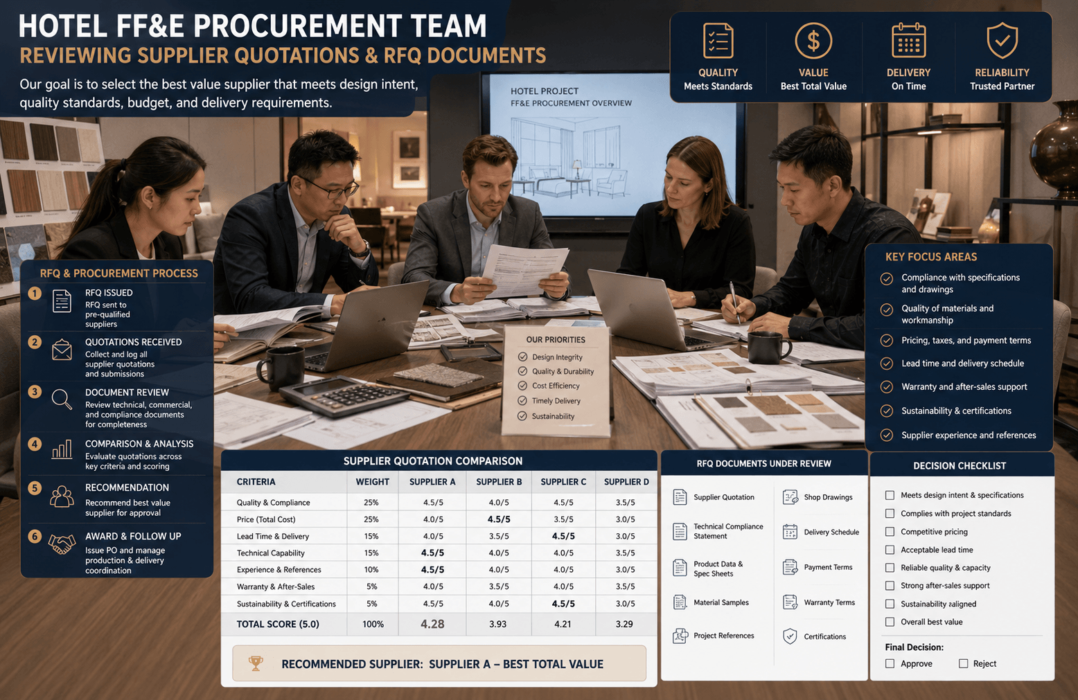 Hotel FF&E procurement team reviewing supplier quotations and RFQ documents
