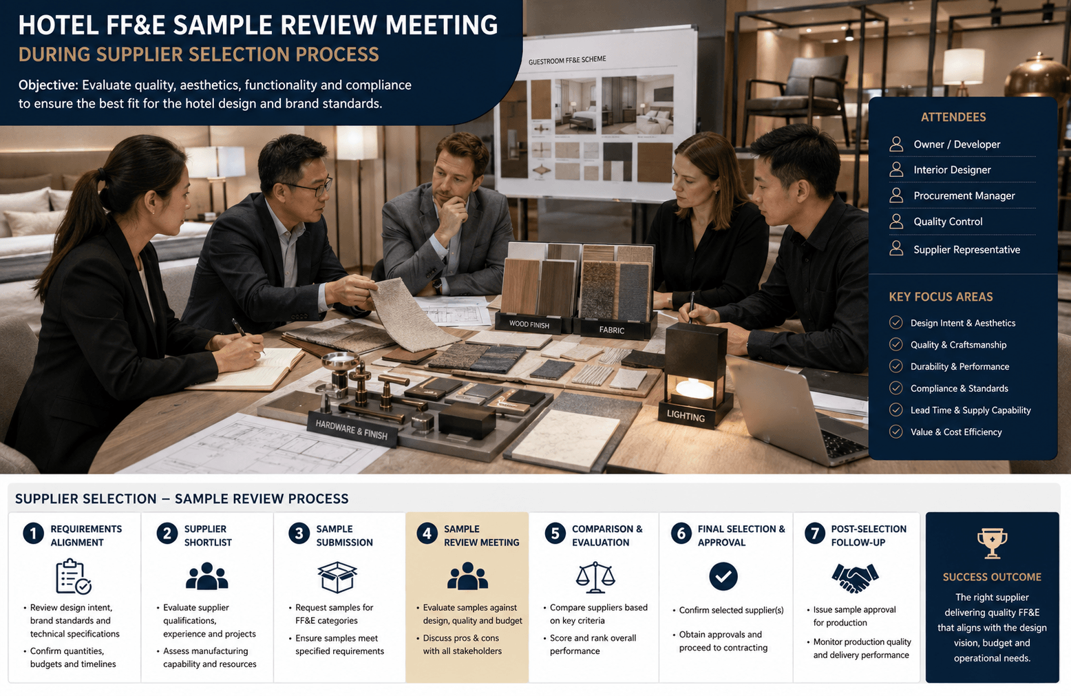 Hotel FF&E sample review meeting during supplier selection process