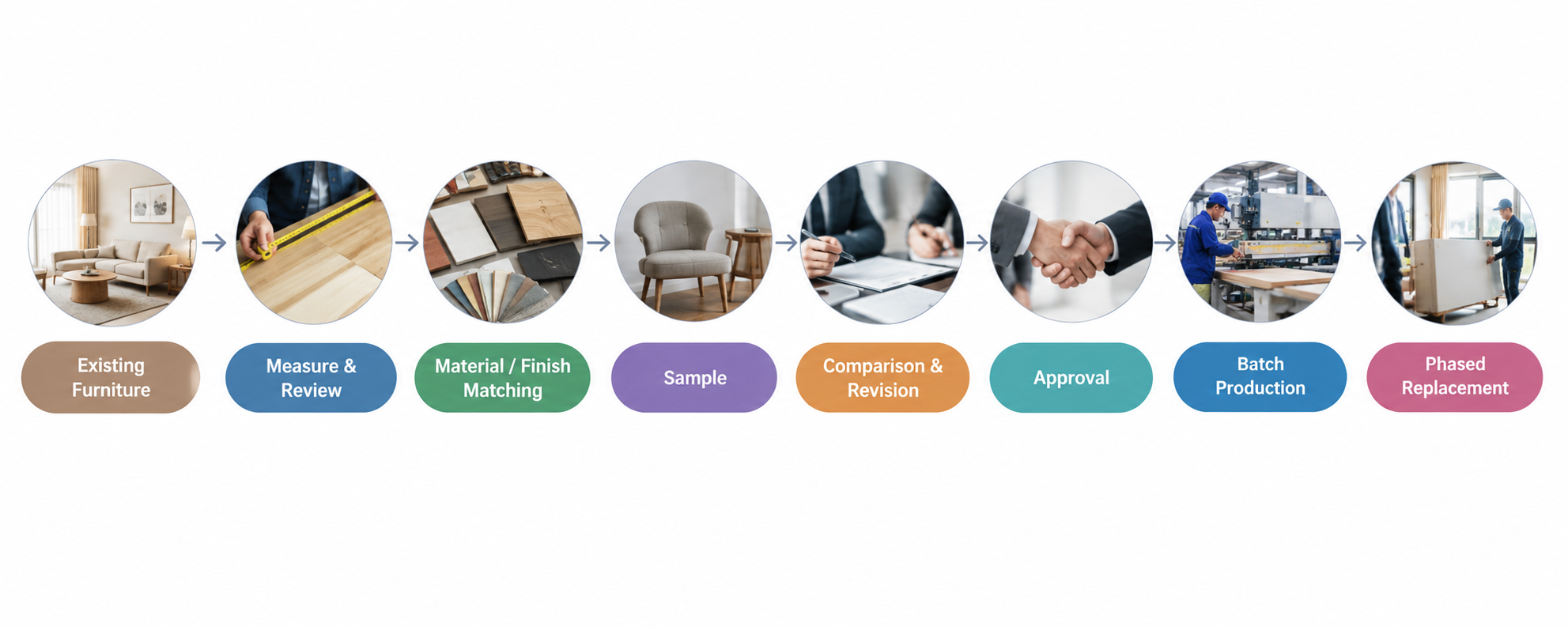 Hotel furniture replacement process from existing furniture review to phased productio