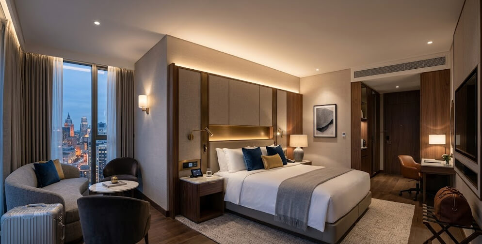 Luxury hotel fixed furniture and built-in guestroom cabinetry