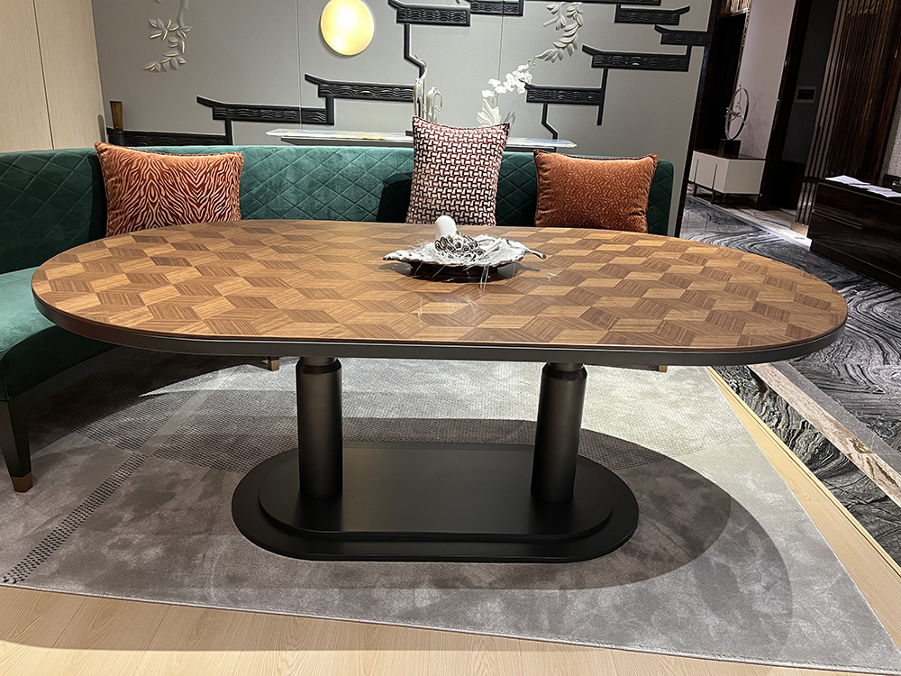 Geometric wood veneer parquetry coffee table