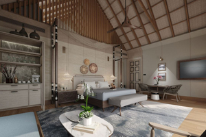 serene JW Marriott hotel bedroom with a blend of modern and traditional elements, featuring a cozy bed, a wooden ceiling, and elegant furnishings..jpg