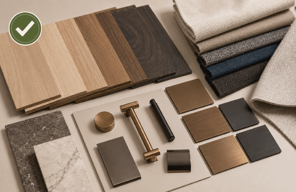 Approved hotel furniture materials including wood veneer, fabric and metal finishes
