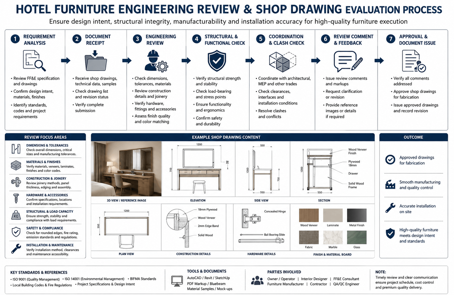 Hotel furniture engineering review and shop drawing evaluation process