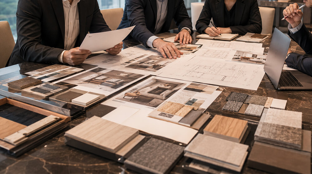 Hotel procurement team discussing RFQ requirements with furniture supplier