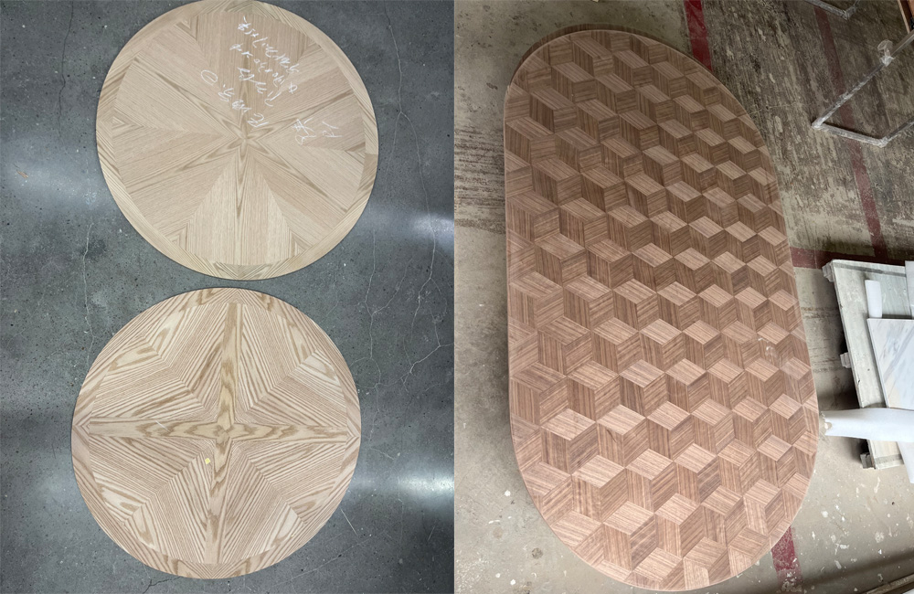 Custom wood veneer parquetry patterns for hotel furniture