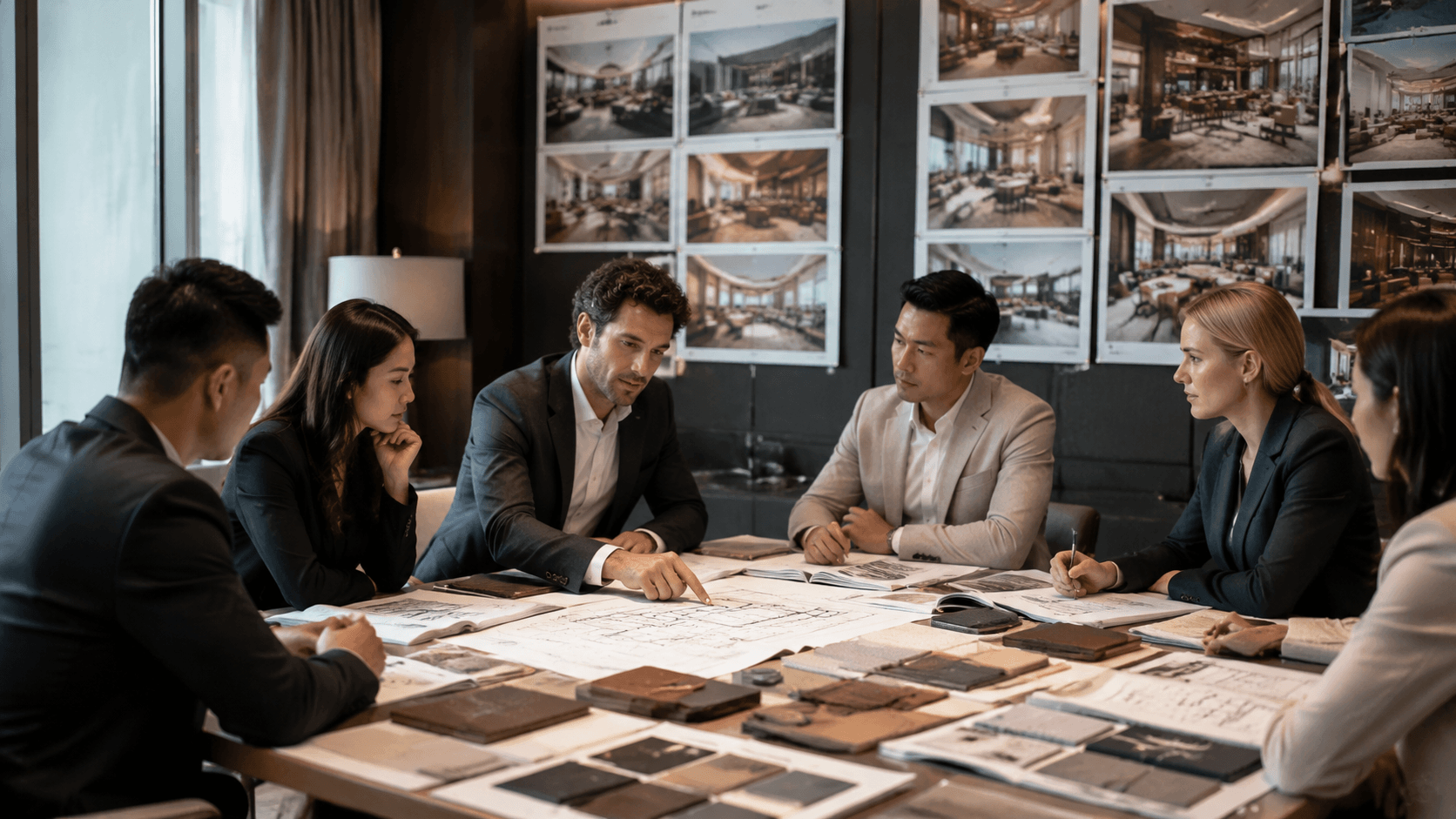 Hotel furniture project planning meeting with procurement and engineering teams